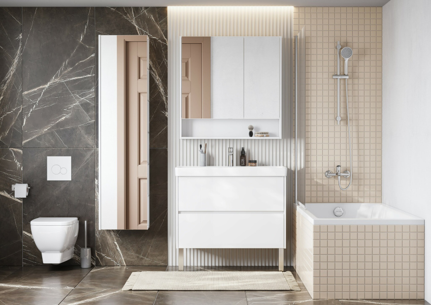 Тумба под раковину подвесная Акватон Сканди 90 см белая матовая/белая глянцевая 1A251901SD010 (детальная фотография), в наличии