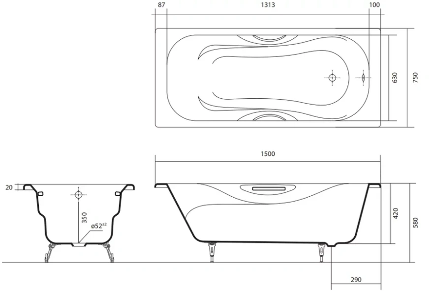 Ванна чугунная Акватек Гамма 150х75 см с двумя ручками AQ8050FH-00 (детальная фотография), чугунные