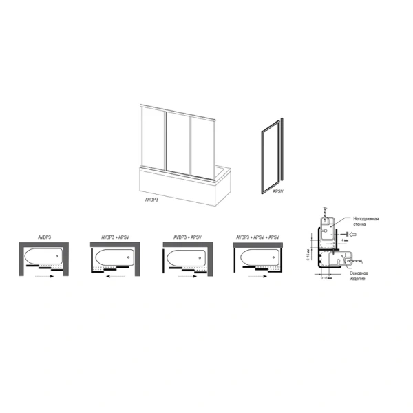 Шторка для ванны, профиль сатин, стекло прозрачное, Ravak AVDP3-150 40VP0U02Z1 (детальная фотография), нет в наличии