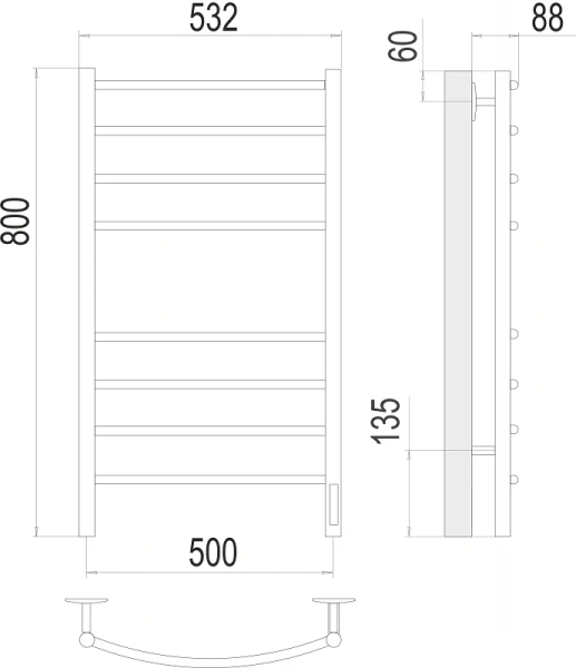 Полотенцесушитель электрический Terminus Классик П8 4670078527 50х80 см настенный (детальная фотография), современные, hi-tech