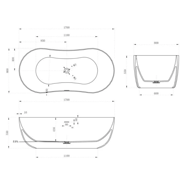 Ванна из искусственного камня Abber Stein 170x80 см отдельностоящая AS9604 (детальная фотография), искусственный камень