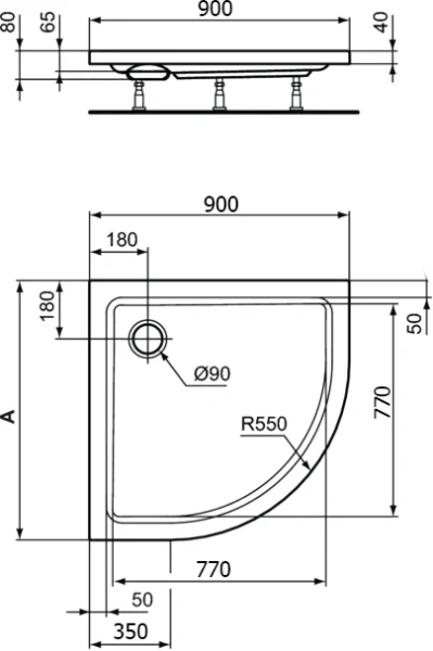 Душевой поддон Ideal Standard Hotline K2780 90х90 см акриловый (детальная фотография), полукруглые, четверть круга