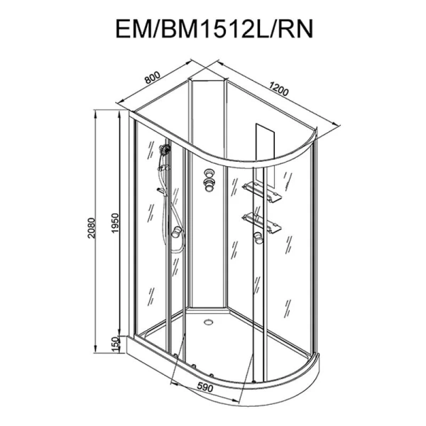 Душевая кабина Deto EM 120x80 см правая EM1512RNLED (детальная фотография), со средним поддоном