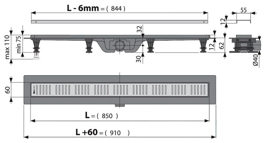 Душевой лоток Alcaplast APZ 85 см матовый хром APZ10-850M (детальная фотография), для монтажа в пол
