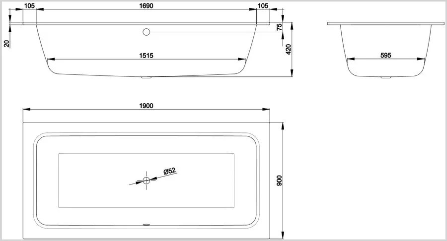 Ванна стальная Bette One 3314-000 190 х 90 х 42 см с шумоизоляцией, белая (для удлиненного слива-перелива) (детальная фотография), современныe, hi-tech