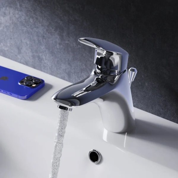 Смеситель для раковины AM.PM. Bliss L излив 146 мм хром F5382132 (детальная фотография), округлая форма, с донным клапаном