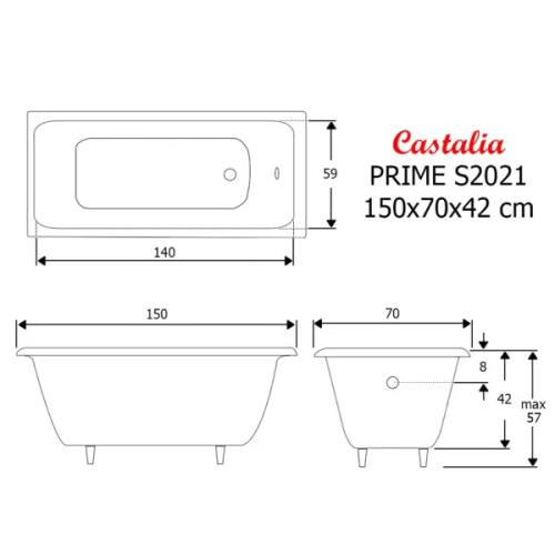 Ванна чугунная Castalia Prime S2021 150 х 70 см с антискользящим покрытием Ц0000143 (детальная фотография), современныe, hi-tech