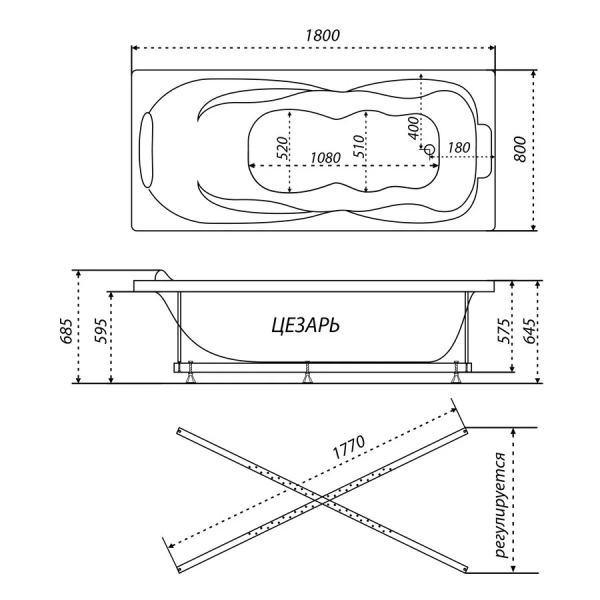Акриловая ванна Triton Цезарь Экстра 180х80 см Н0000099993 (детальная фотография), приставные, встраиваемые