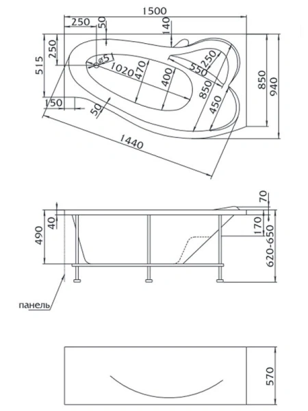 Ванна акриловая 1MarKa Gracia, 150 x 94 см, асимметричная, цвет белый, левая/правая 01гр1590л (детальная фотография), акриловые