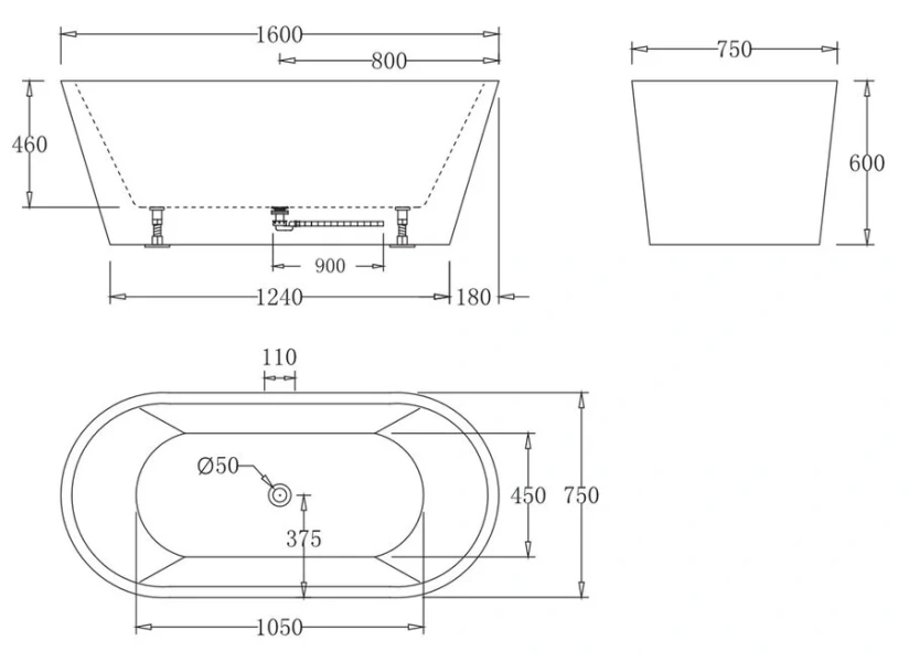 Ванна акриловая BelBagno 160x75 см без перелива BB71-1600-W0 (детальная фотография), акриловые