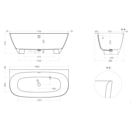 Ванна из искусственного камня Salini Sofia Wall 180x85 см покраска по RAL полностью 102523MF (детальная фотография), 180x85 см