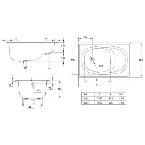 Ванна стальная BLB Europa Mini 105x70 см сидячая B05E22001 (детальная фотография), без гидромассажа, недорогие, маленькие, сидячие