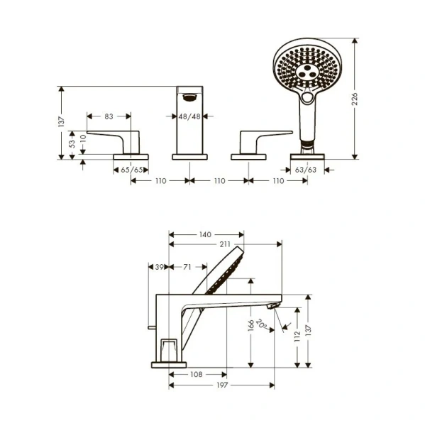 Смеситель для ванны Hansgrohe Metropol 74553000 на 4 отверстия (детальная фотография), для ванны