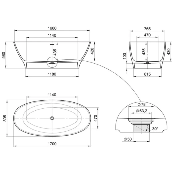 Ванна Radostone Adriana VADA19005170, белый/черный (детальная фотография), искусственный камень