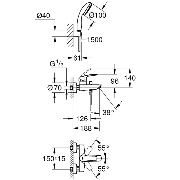 Смеситель для ванны Grohe Eurosmart с душевым гарнитуром 33302003 (детальная фотография), для ванны