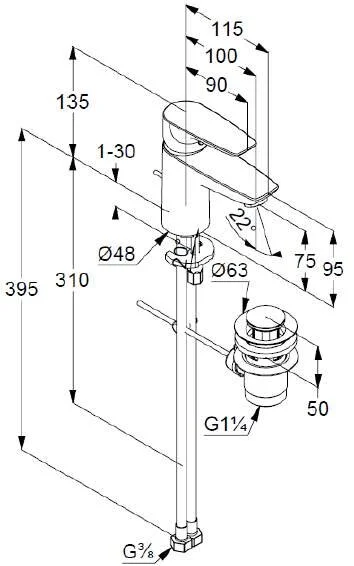 Смеситель для раковины Kludi Pure&Solid с донным клапаном 343820575 (детальная фотография), для раковины