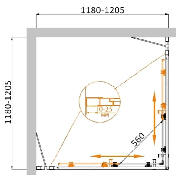 Душевой уголок Cezares Molveno 120х120 см стекло прозрачное профиль оружейная сталь MOLVENO-A-22-100+20-C-GM-IV (детальная фотография), квадратные