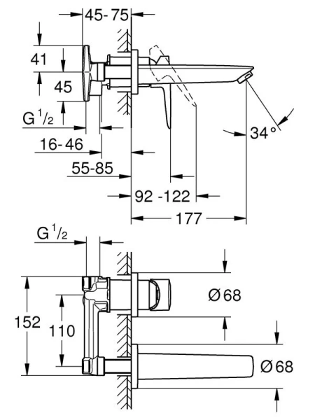 Смеситель для раковины Grohe BauEdge на два отверстия 20474001 (детальная фотография), современные, hi-tech