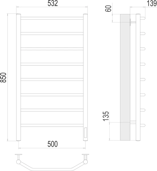 Полотенцесушитель электрический Terminus Виктория П8 500х850 блок управления справа  4670078531216 (детальная фотография), современные, hi-tech