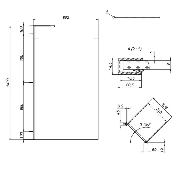 Неподвижная стенка Am.Pm Gem 80х140 см хром, стекло матовое W90BS-080-140CM (детальная фотография), 80 см