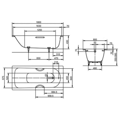 Ванна стальная Kaldewei Saniform Plus mod. 375-1 180х80 см с покрытием Easy-Clean и полный Anti-SlIp 112834013001 (детальная фотография), современныe, hi-tech