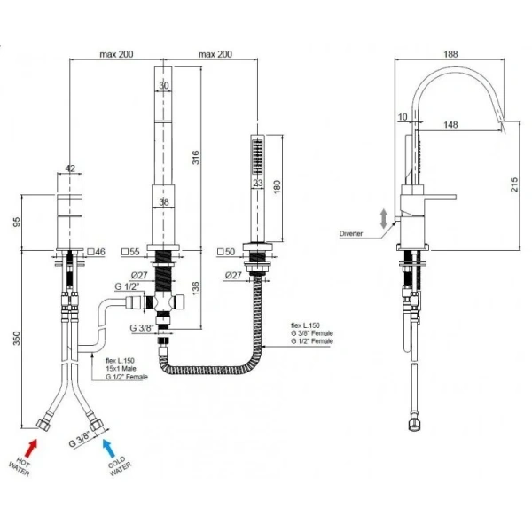 Смеситель для ванны Cezares UNIKA-BVD3 на 3 отверстия (детальная фотография), для ванны