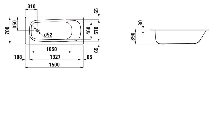 Ванна стальная Laufen Pro 150х70 см шумоизоляционное покрытие 2.2195.0.000.040.1 (детальная фотография), стальные