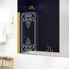 Душевая шторка на ванную профиль золотой рисунок матовый стекло прозрачное Vegas-glass