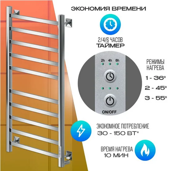 Полотенцесушитель электрический Ника Step 80х50 см хром STEP-1 80/50 U (детальная фотография), лесенка, вертикальные