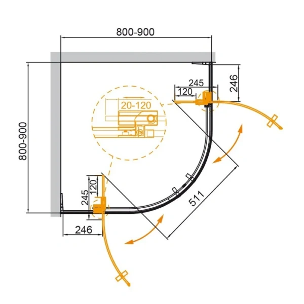 Душевой уголок Cezares Slider 90х90 см прозрачное стекло профиль черный SLIDER-R-2-80/90-C-NERO (детальная фотография), полукруглые, четверть круга