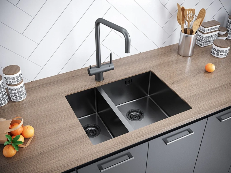 Мойка для кухни Paulmark Zusat 59 см вороненая сталь, правосторонняя PM225944-GMR (детальная фотография), врезные