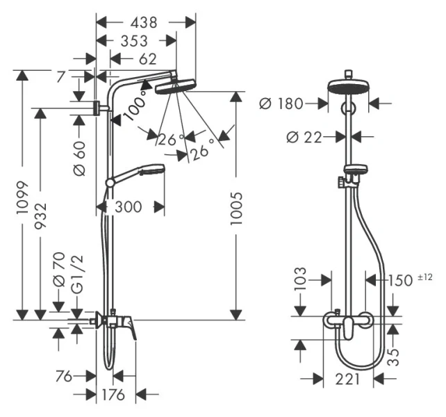 Душевая стойка Hansgrohe Crometta белый/хром 27266400 (детальная фотография), хром, белые