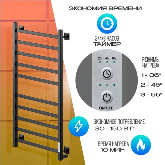 Полотенцесушитель электрический Ника Step 100х50 см черный матовый STEP-1 100/50 черн мат U (детальная фотография), электрические с наружной вилкой, электрические скрытого подключения, правое подключение, левое подключение