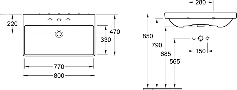 Раковина Villeroy & Boch Avento 80 см альпийский белый 41568001 (детальная фотография), одинарные