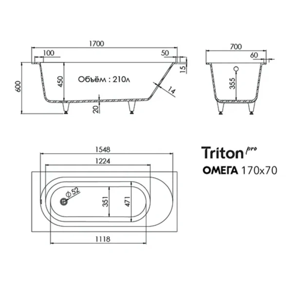 Ванна из искусственного камня Triton Омега Щ0000067077 170 x 70 см, белая (детальная фотография), искусственный камень
