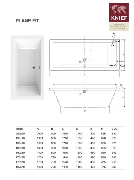 Ванна акриловая Knief Plane Fit 0400-101 180 х 80 см с ножками (детальная фотография), 180x80 см