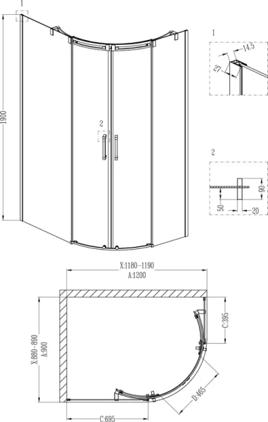 Душевой уголок Grossman Galaxy 120x90 см двери раздвижные GR-4121L (детальная фотография), 120х90