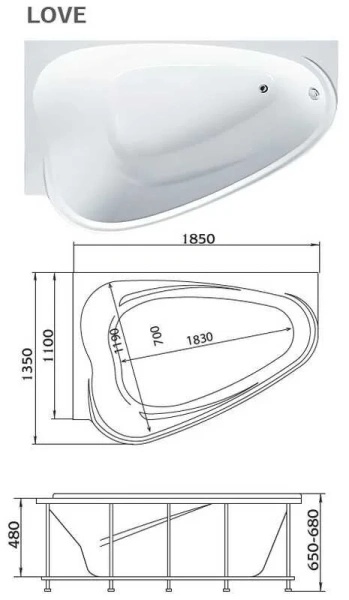 Ванна акриловая 1MarKa Love 185 x 135 см, асимметричная, белая, левая/правая 01лв1813л (детальная фотография), акриловые