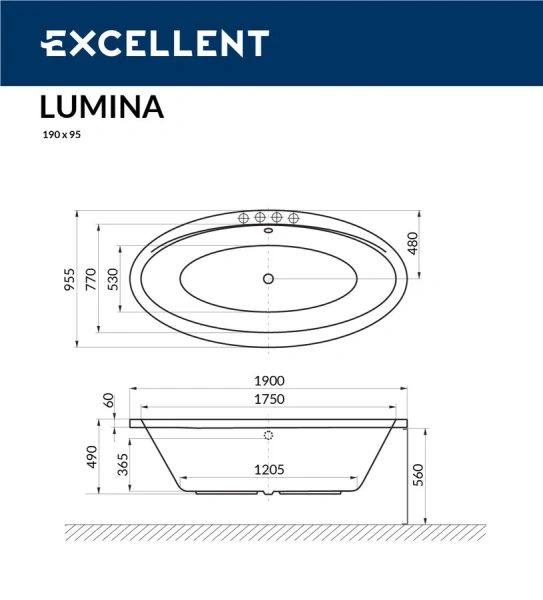 Акриловая ванна Excellent Lumina 190 x 95 см, цвет белый, WAEX.LUM19WH (детальная фотография), без гидромассажа