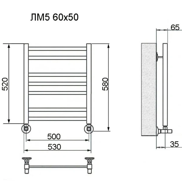 Полотенцесушитель водяной Ника Modern 60x50 см без полочки ЛМ 5 60/50 черный мат. с вентилями (детальная фотография), современные, hi-tech