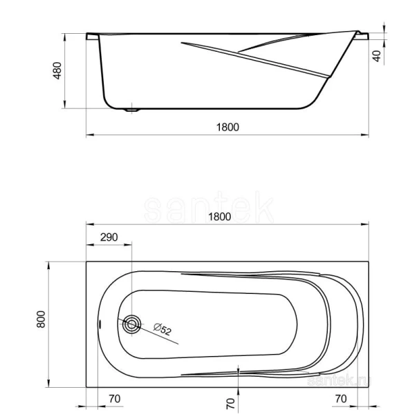 Ванна акриловая Santek Касабланка XL 180х80 см прямоугольная 1WH302482 (детальная фотография), 180x80 см
