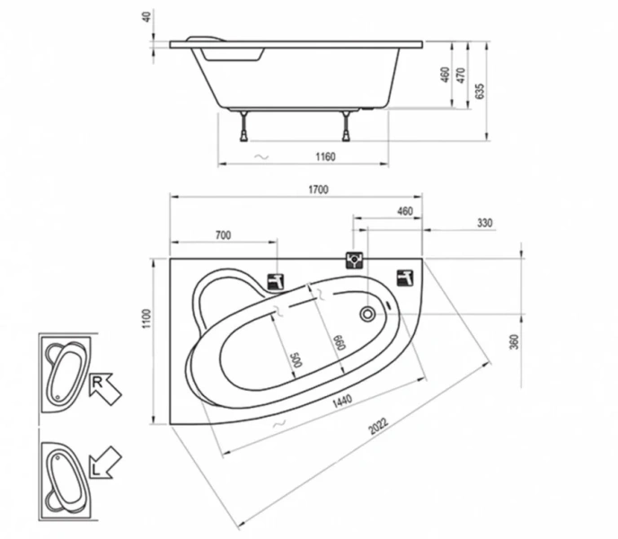 Ванна акриловая Ravak Asymmetric 170х110 см правая C491000000 (детальная фотография), асимметричные