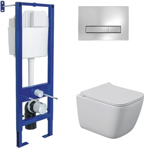 Унитаз с инсталляцией Berges Quattro S Rimless клавиша хром глянец - фото 1