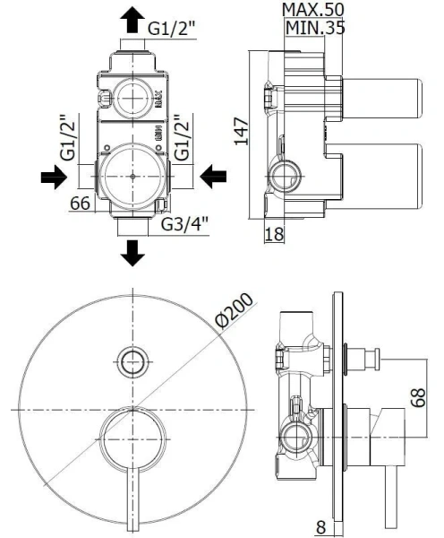 Смеситель для душа Paffoni Light на 2 выхода белый матовый LIG015BO (детальная фотография), для душа