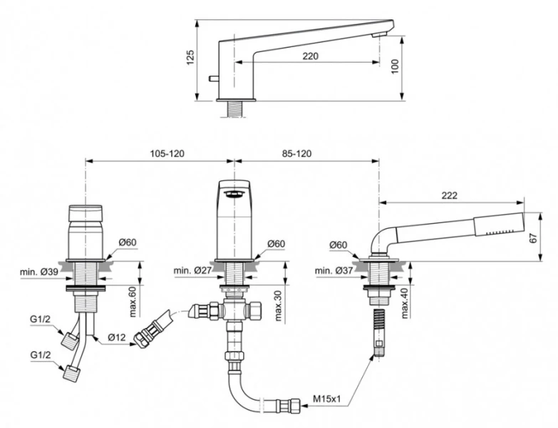 Смеситель на борт ванны Ideal Standard Tonic II с душевым гарнитуром A6348AA (детальная фотография), для ванны