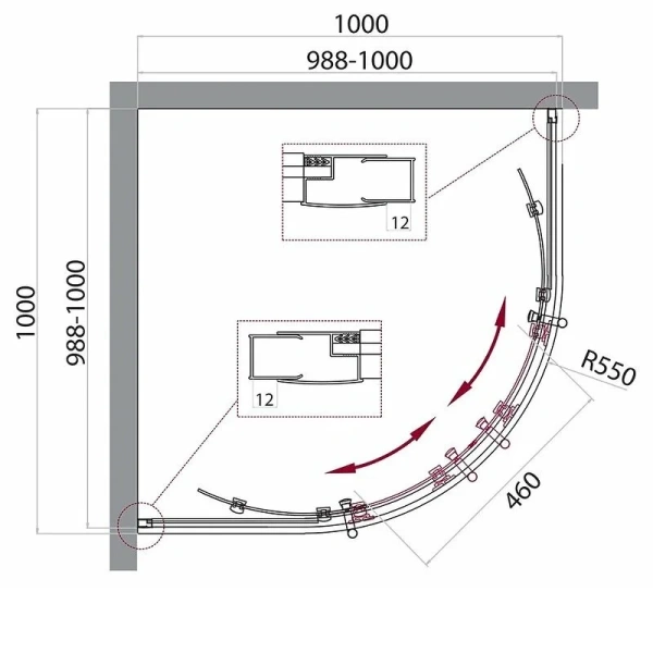Душевой уголок BelBagno Uno-195 100x100 см стекло рифленое UNO-195-R-2-100-P-Cr (детальная фотография), полукруглые, четверть круга