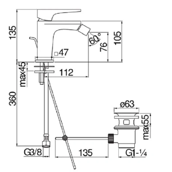 Смеситель для биде Nobili Seven SE124119/1 с донным клапаном (детальная фотография), для биде