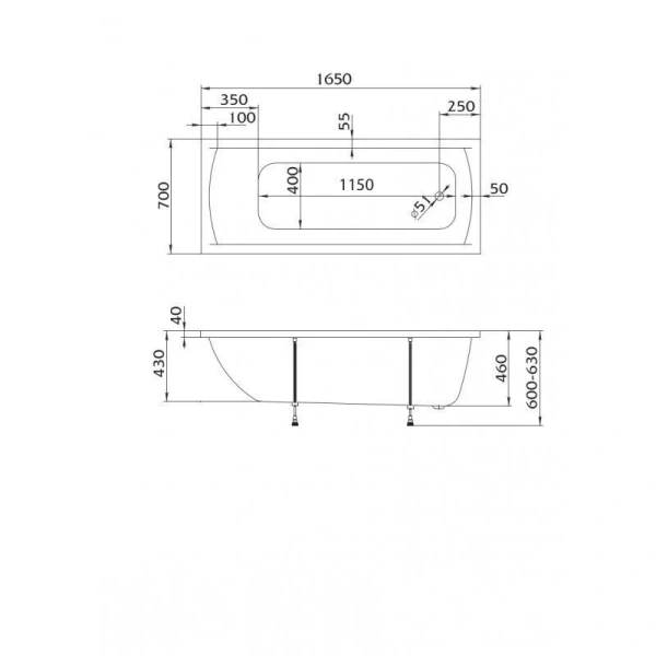 Ванна акриловая Vayer Milana Гл000022941, 165 x 70 см, цвет белый (детальная фотография), акриловые