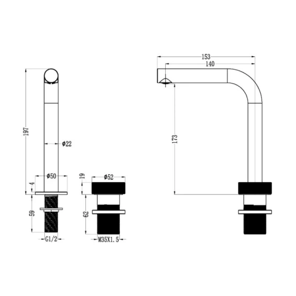 Смеситель для раковины Boheme Tech золото 158-G (детальная фотография), для раковины