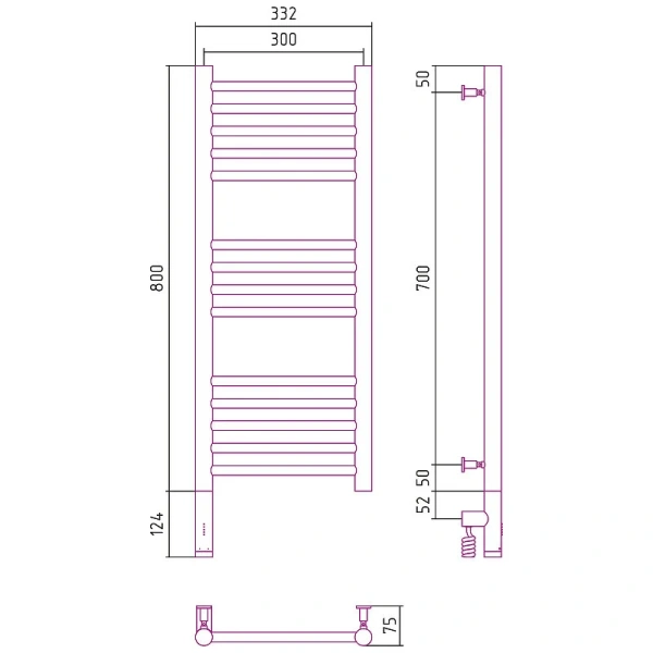 Полотенцесушитель электрический Сунержа Богема 3.0 30х80 см правый без покрытия 00-5805-8030 (детальная фотография), современные, hi-tech